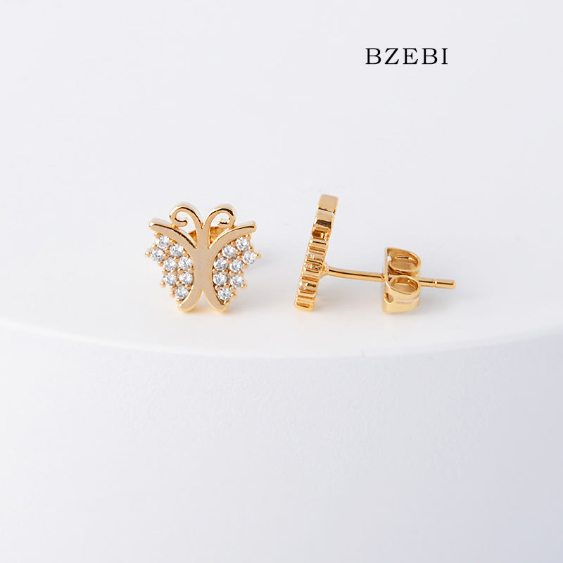 BZEBI 18k Gold Plated Cubic Zirconia Butterfly Stud Earrings for Women with Box