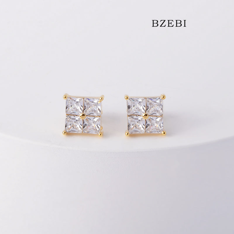 BZEBI 18k Gold Plated Cubic Zirconia Block Diamond Stud Earrings for Women with Box