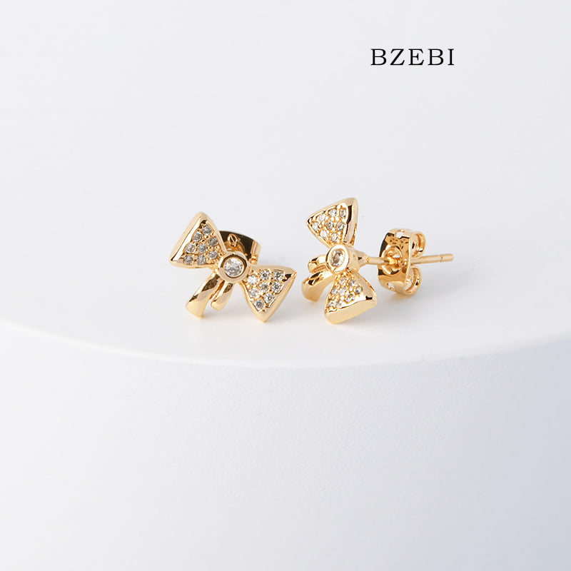 BZEBI 18k Gold Plated Cubic Zirconia Bow Stud Stud Earrings for Women with Box