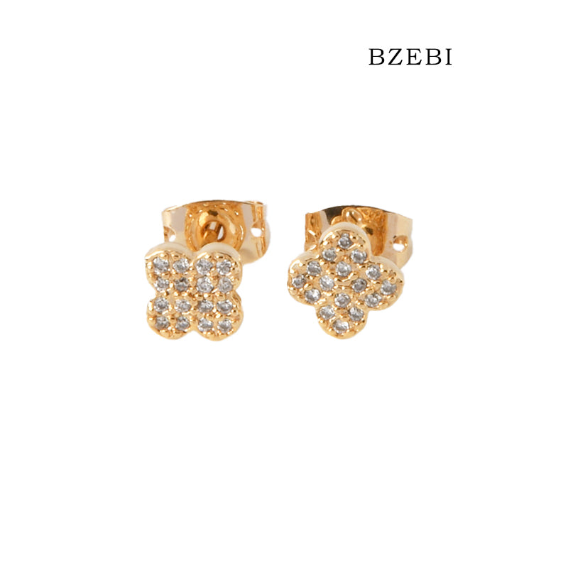 BZEBI 18k Gold Plated Cubic Zirconia Four Page Flower Ear Buckle Stud Earrings for Women with Box