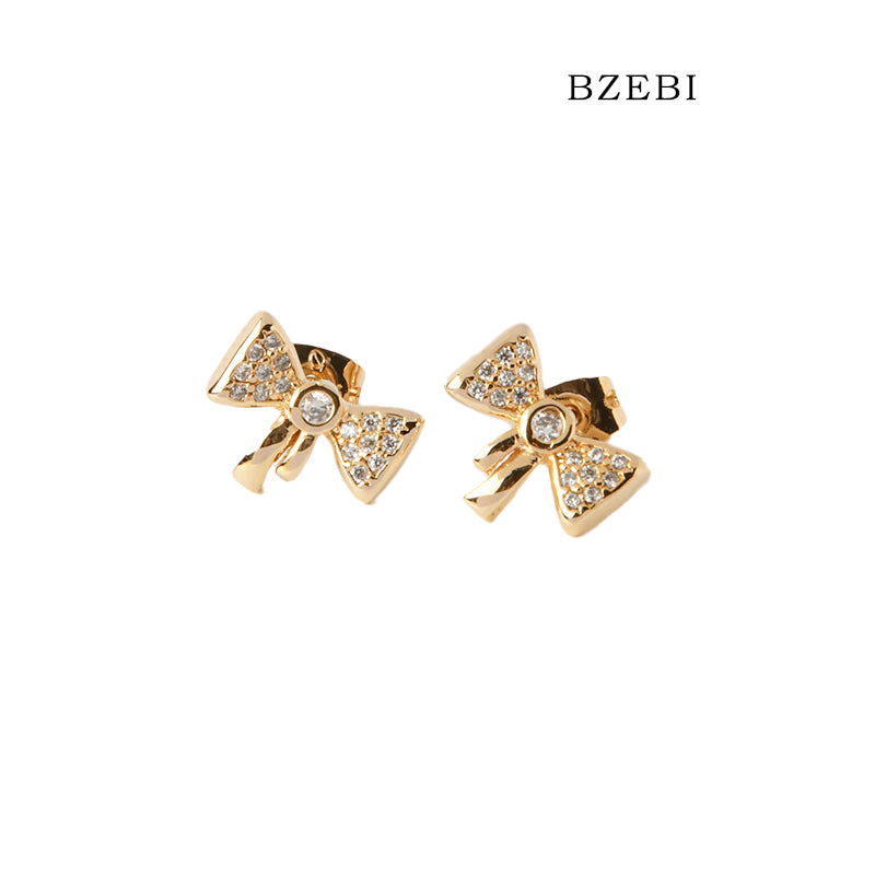 BZEBI 18k Gold Plated Cubic Zirconia Bow Stud Stud Earrings for Women with Box