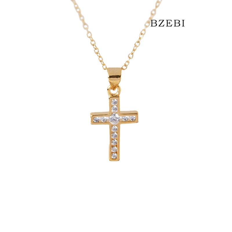 BZEBI 18k Gold Plated Cubic Zirconia Cross Flat Zircon Necklace for Women with Box