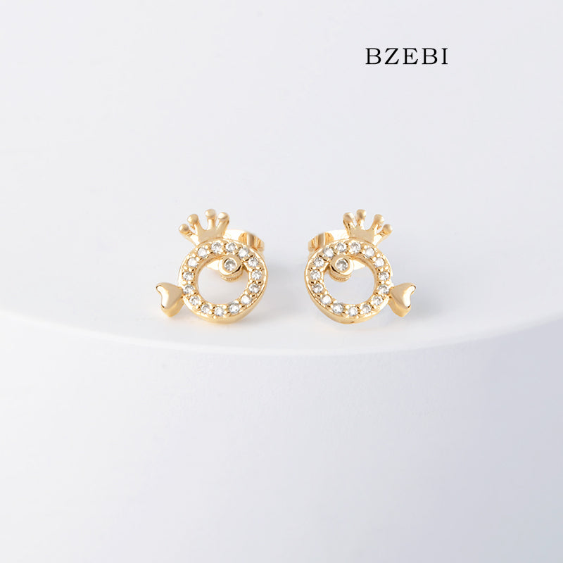 BZEBI 18k Gold Plated Cubic Zirconia Crown Fish Stud Earrings for Women with Box