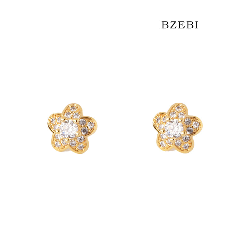 BZEBI 18k Gold Plated Cubic Zirconia Delicate Flower Stud Earrings for Women with Box