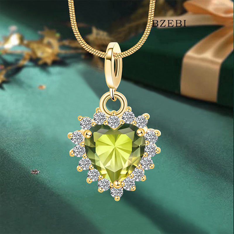 BZEBI 18K Gold Plated 5A Cubic Zirconia Heart Necklace Peridot Green