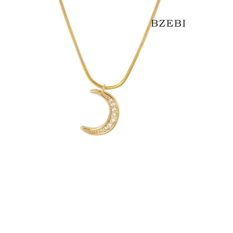 BZEBI 18k zircon inlaid Mini Moon Necklace