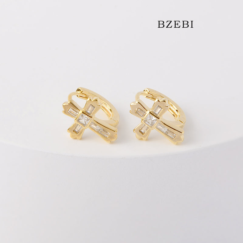 BZEBI 18k Gold Plated Cubic Zirconia Cross Buckle Stud Earrings for Women with Box