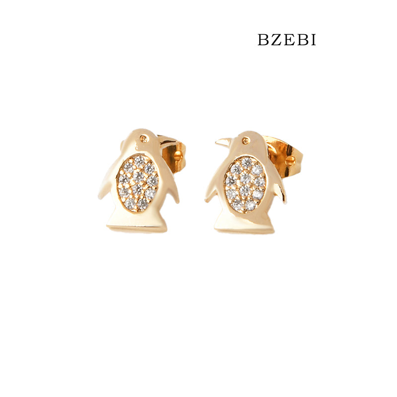 BZEBI 18k Gold Plated Cubic Zirconia Penguin Stud Earrings for Women with Box