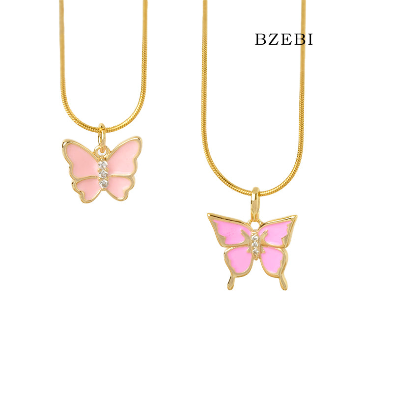 BZEBI 18k Gold Plated Cubic Zirconia pink butterfly Necklace for Women with Box