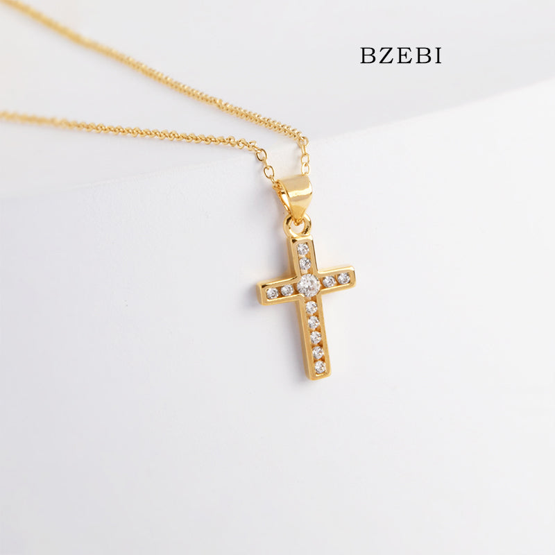 BZEBI 18k Gold Plated Cubic Zirconia Cross Flat Zircon Necklace for Women with Box