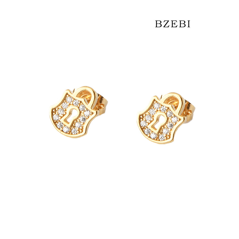 BZEBI 18k Gold Plated Cubic Zirconia Lock pattern Stud Earrings for Women with Box