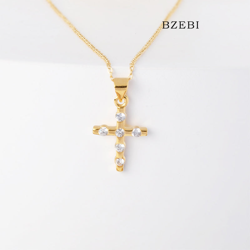 BZEBI 18k Gold Plated Cubic Zirconia Cross Zircon Necklace for Women with Box