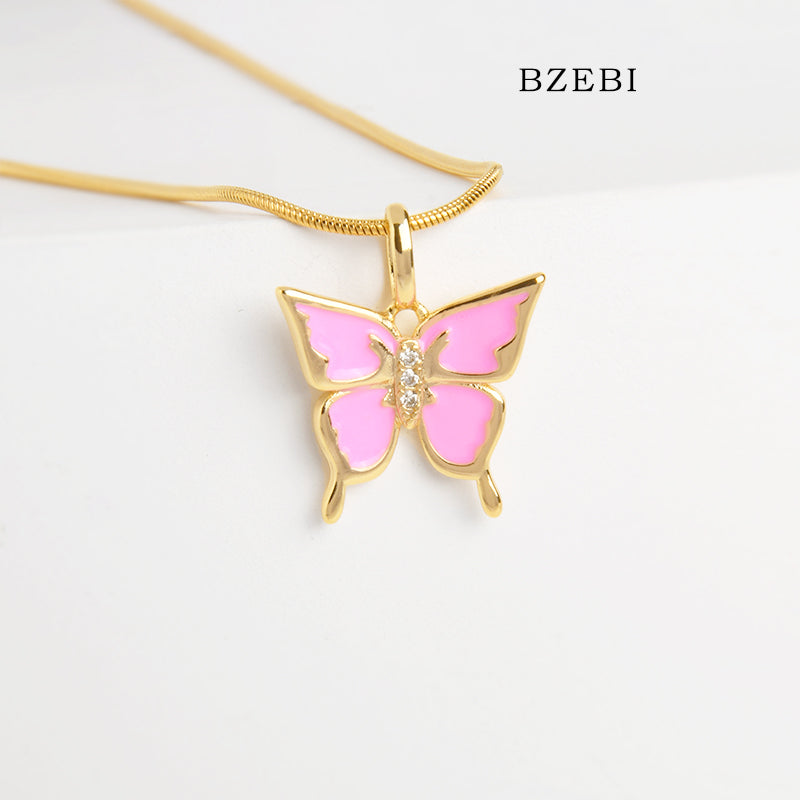 BZEBI 18k Gold Plated Cubic Zirconia pink butterfly Necklace for Women with Box