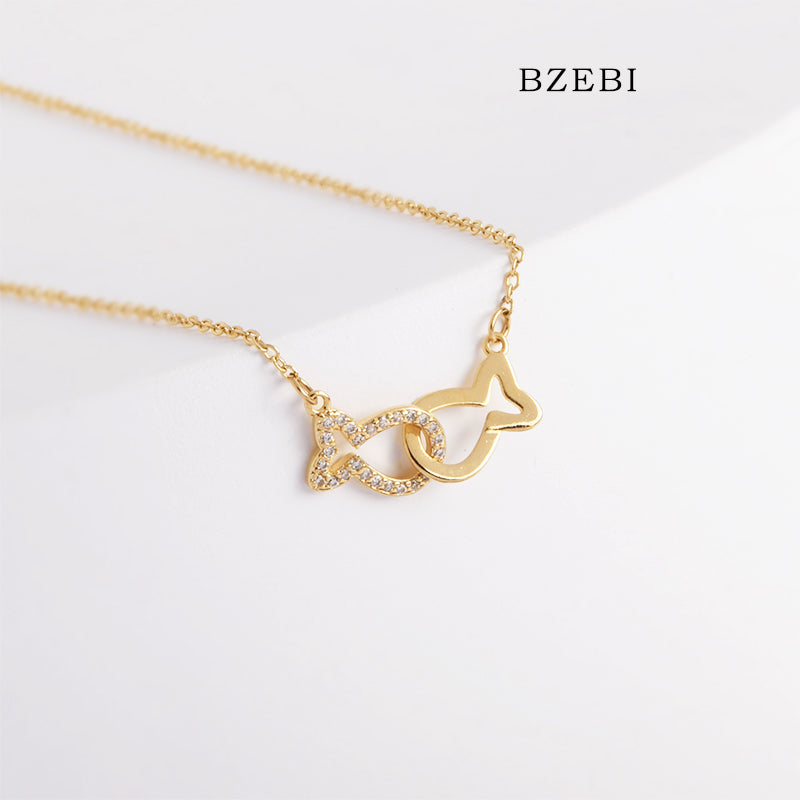 BZEBI 18k Gold Plated Cubic Zirconia Pisces Playful Necklace for Women with Box