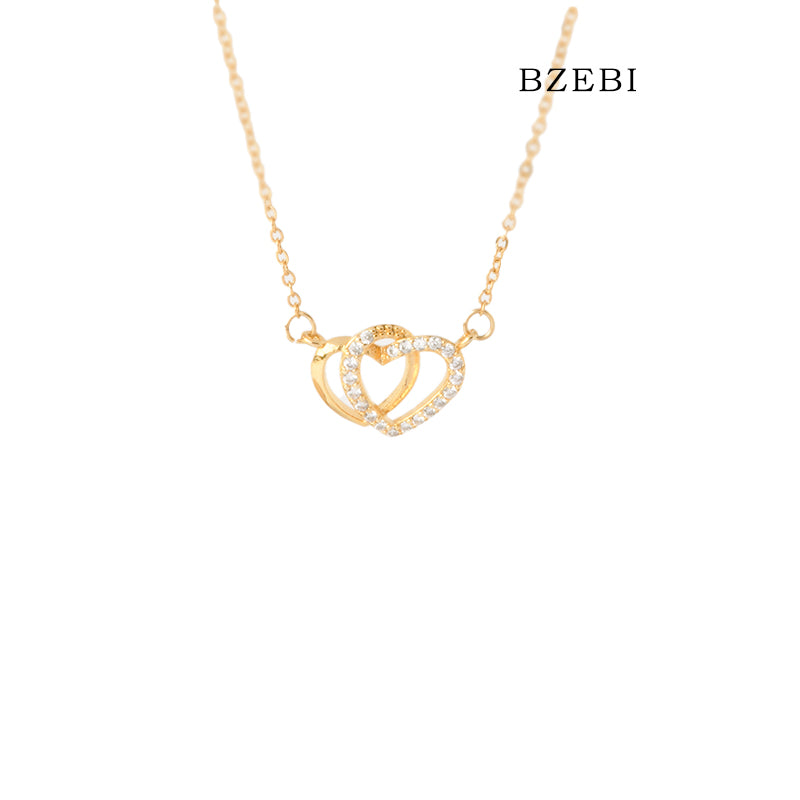 BZEBI 18k Gold Plated Cubic Zirconia Double Heart Interactive Love Necklace for Women with Box