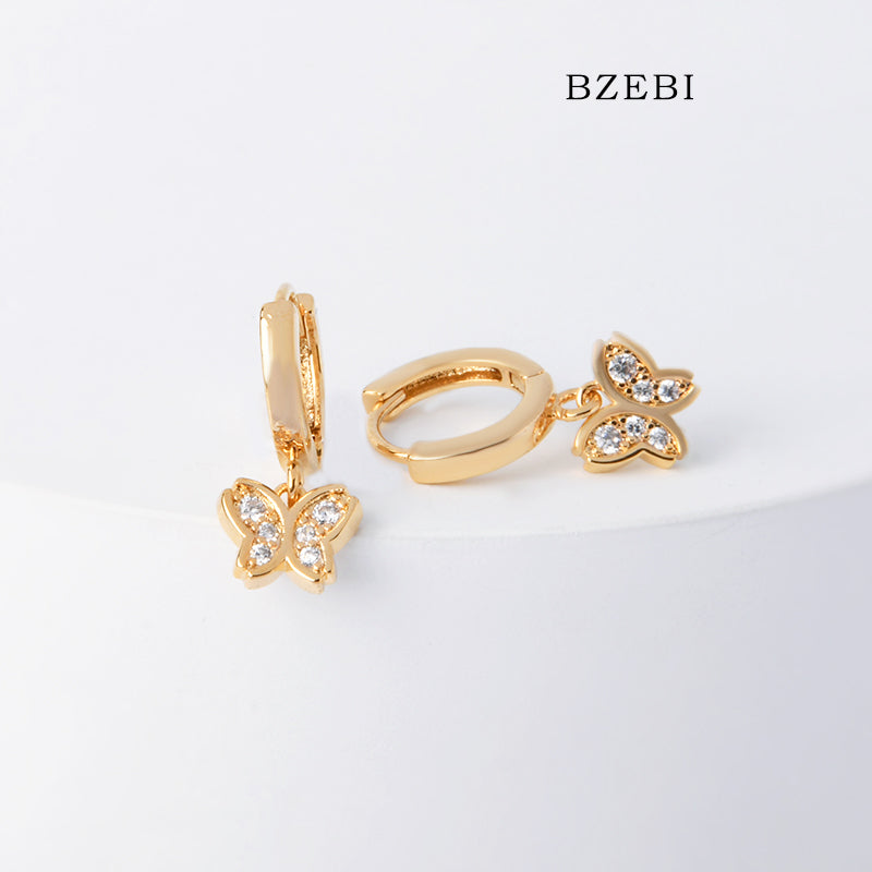 BZEBI 18k Gold Plated Cubic Zirconia Butterfly Mid Length Ear Buckles Stud Earrings for Women with Box