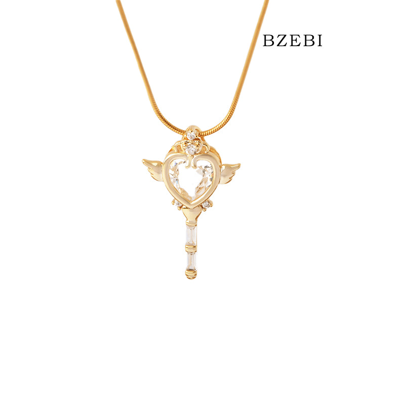 BZEBI 18k Gold Plated Cubic Zirconia Magic Wand Girl Necklace for Women with Box