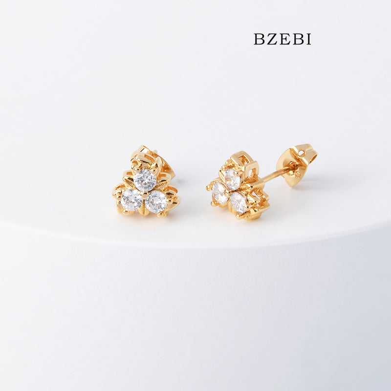 BZEBI 18k Gold Plated Cubic Zirconia Three Petal Flower Stud Earrings for Women with Box