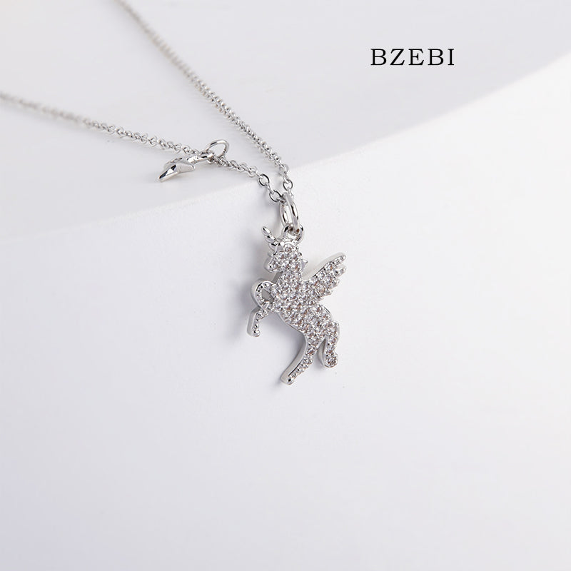 BZEBI 18k Gold Plated Cubic Zirconia Unicorn Necklace for Women with Box