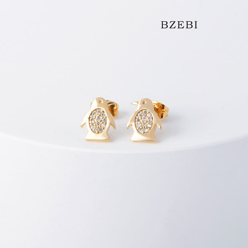 BZEBI 18k Gold Plated Cubic Zirconia Penguin Stud Earrings for Women with Box