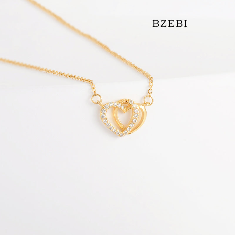 BZEBI 18k Gold Plated Cubic Zirconia Double Heart Interactive Love Necklace for Women with Box