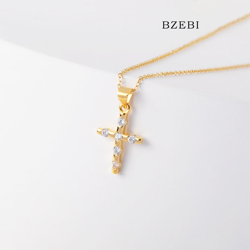 BZEBI 18k Gold Plated Cubic Zirconia Cross Zircon Necklace for Women with Box