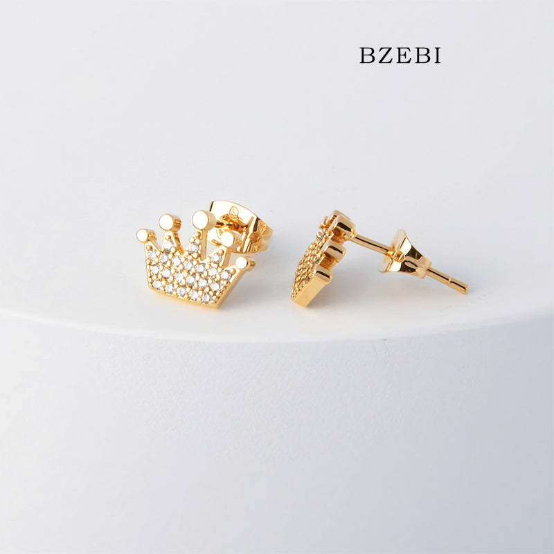 BZEBI 18k Gold Plated Cubic Zirconia Crown  Stud Earrings for Women with Box