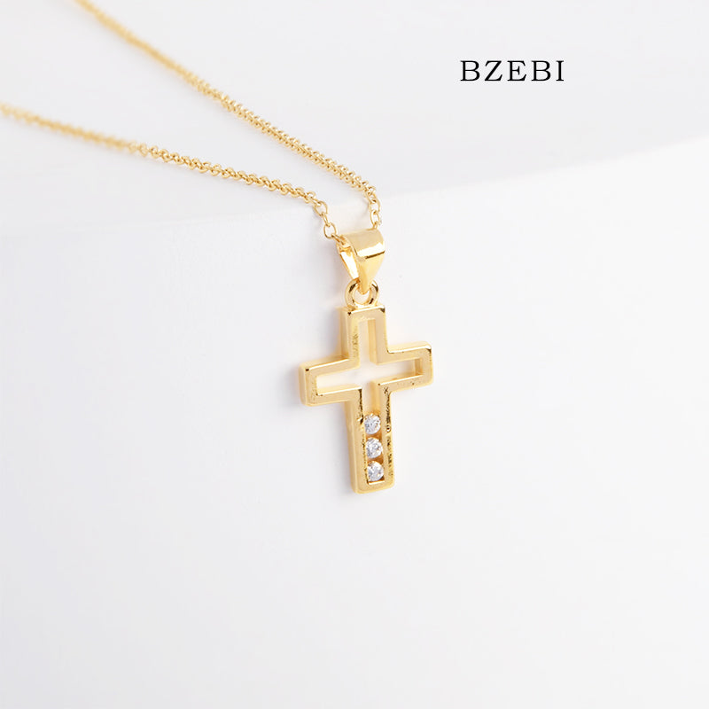 BZEBI 18k Gold Plated Cubic Zirconia Cross Cutout Zircon Necklace for Women with Box