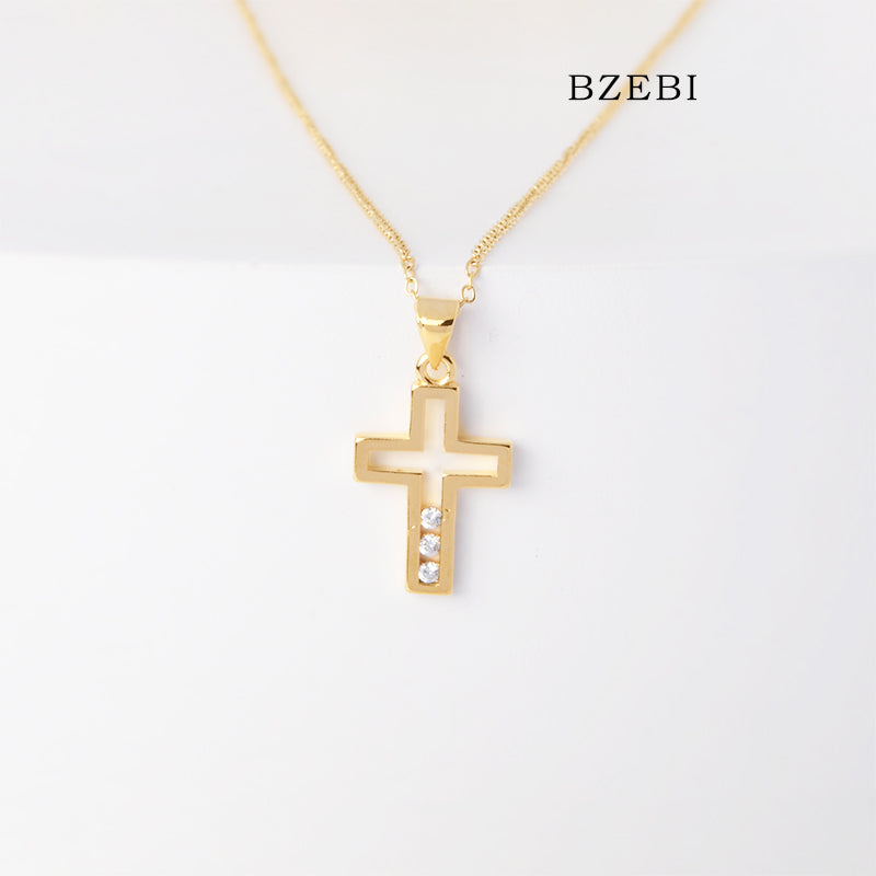 BZEBI 18k Gold Plated Cubic Zirconia Cross Cutout Zircon Necklace for Women with Box