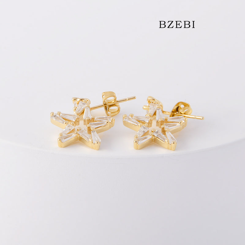 BZEBI 18k Gold Plated Cubic Zirconia Pentagram Stud Earrings for Women with Box