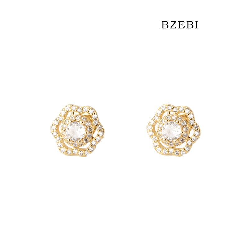 BZEBI 18k Gold Plated Cubic Zirconia Flower Zircon Stud Earrings for Women with Box