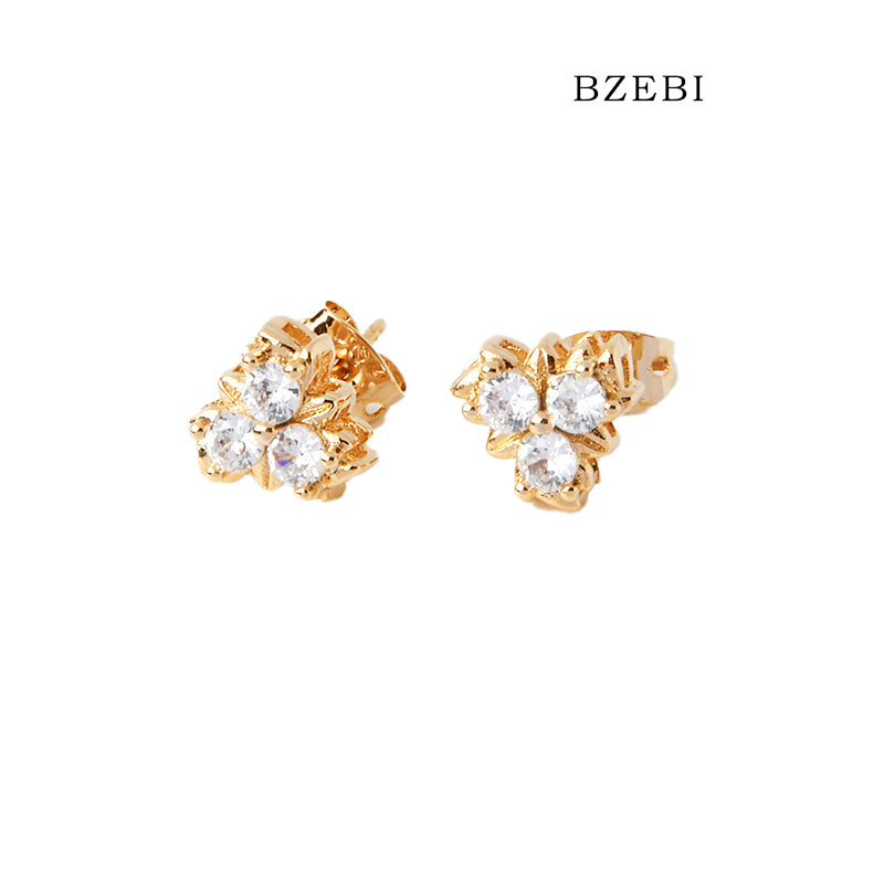 BZEBI 18k Gold Plated Cubic Zirconia Three Petal Flower Stud Earrings for Women with Box