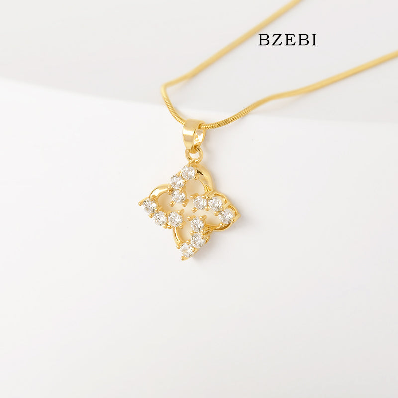 BZEBI 18k Gold Plated Cubic Zirconia gold-plated four-page flower Necklace for Women with Box