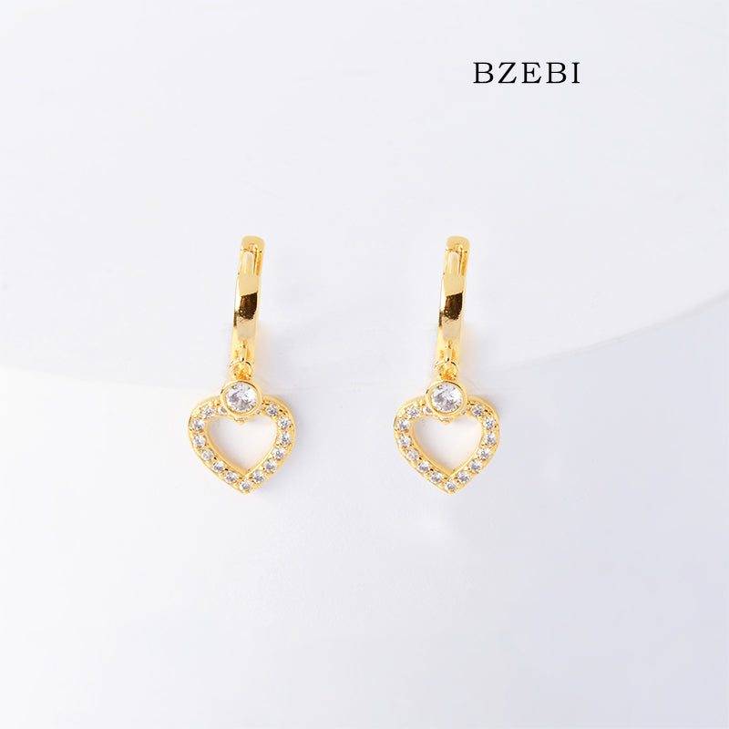 BZEBI 18k Gold Plated Cubic Zirconia Heart Clip Stud Earrings for Women with Box