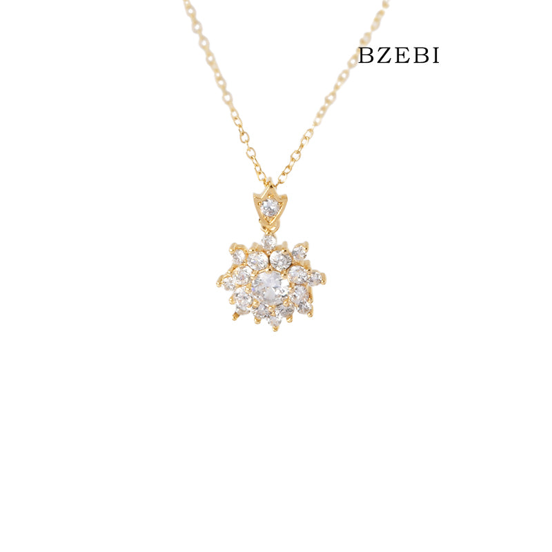 BZEBI 18k Gold Plated Cubic Zirconia Snowflake Zircon Necklace for Women with Box