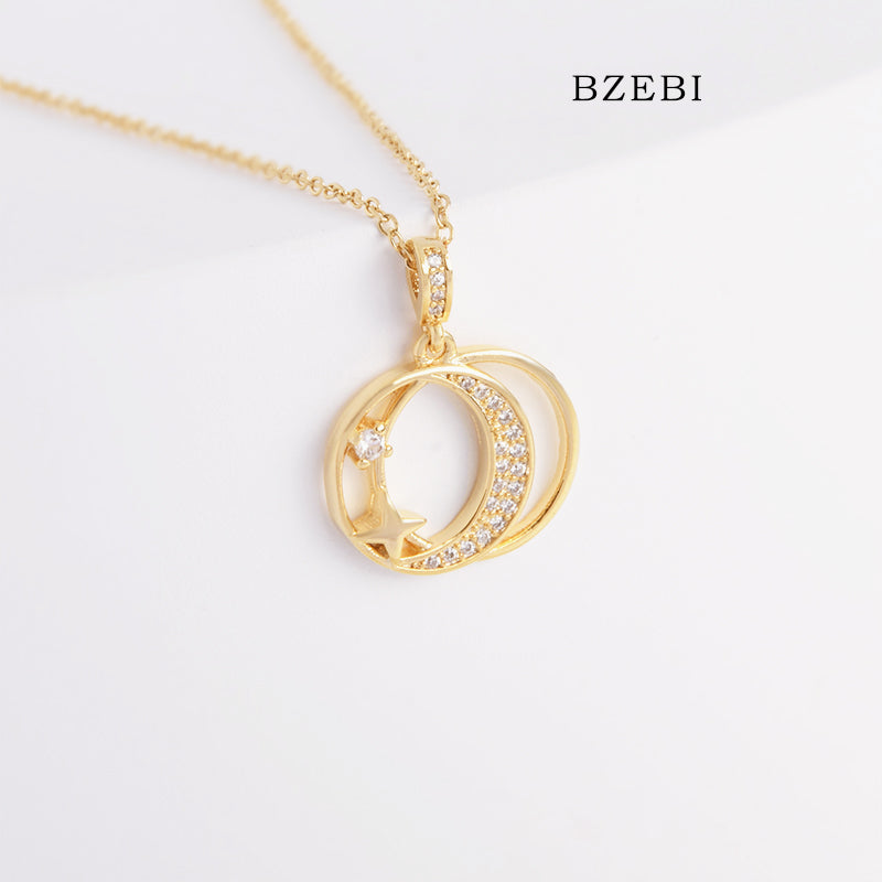 BZEBI 18k Gold Plated Cubic Zirconia Double Star Necklace for Women with Box