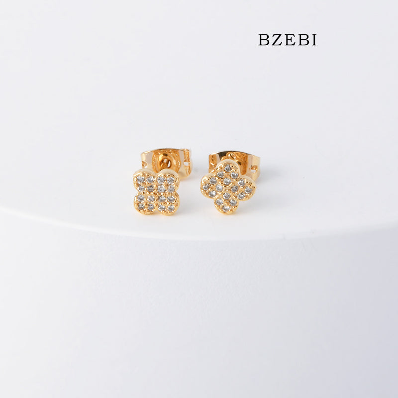 BZEBI 18k Gold Plated Cubic Zirconia Four Page Flower Ear Buckle Stud Earrings for Women with Box