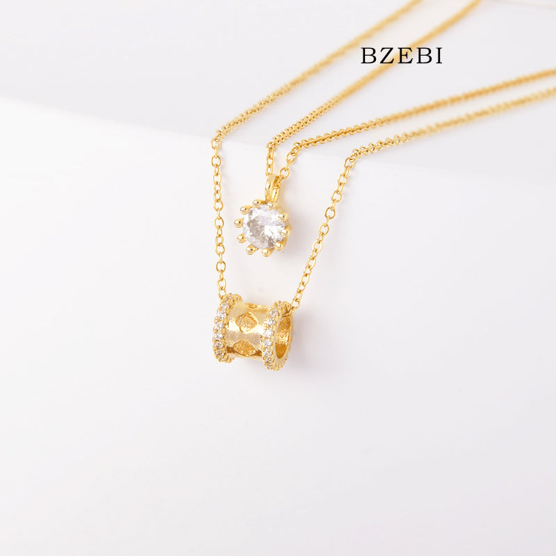 BZEBI 18k Gold Plated Cubic Zirconia Double Chain Stacked Fashion Boutique Necklace for Women with Box