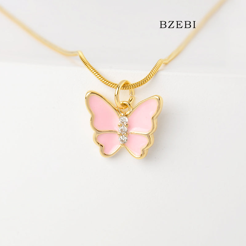 BZEBI 18k Gold Plated Cubic Zirconia pink butterfly Necklace for Women with Box