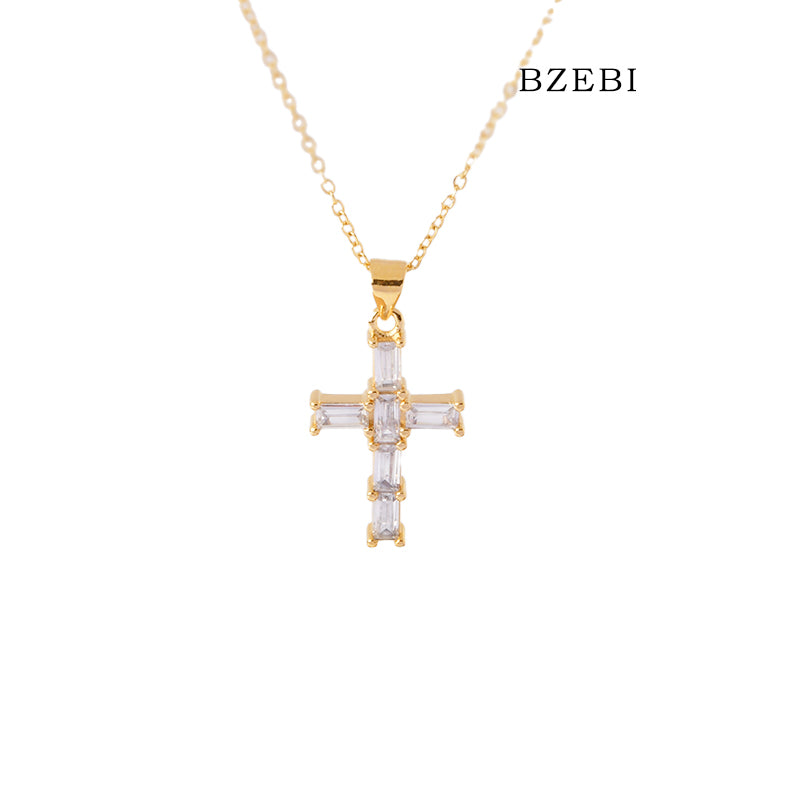 BZEBI 18k Gold Plated Cubic Zirconia Zircon Cross Necklace for Women with Box