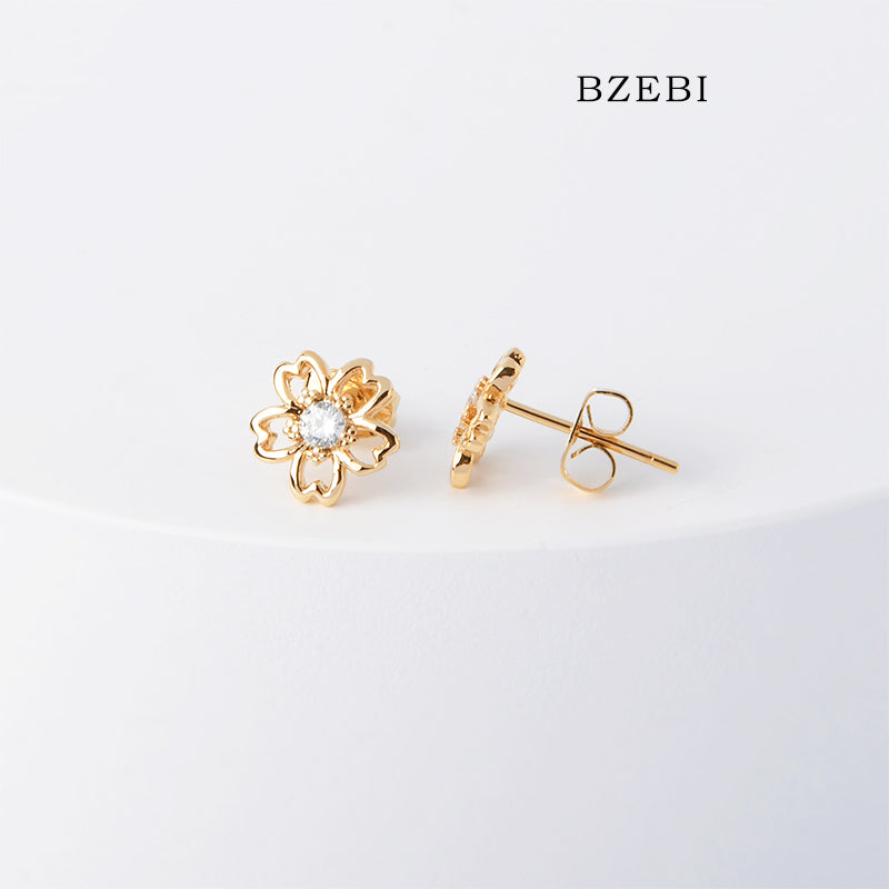 BZEBI 18k Gold Plated Cubic Zirconia Flower Stud Stud Earrings for Women with Box