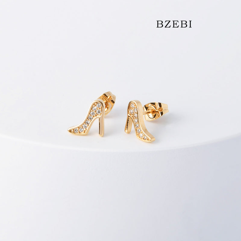 BZEBI 18k Gold Plated Cubic Zirconia High Heel Stud Earrings for Women with Box