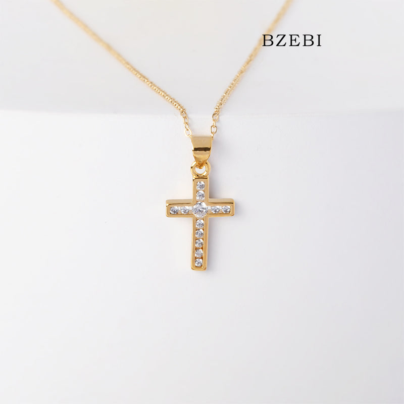 BZEBI 18k Gold Plated Cubic Zirconia Cross Flat Zircon Necklace for Women with Box