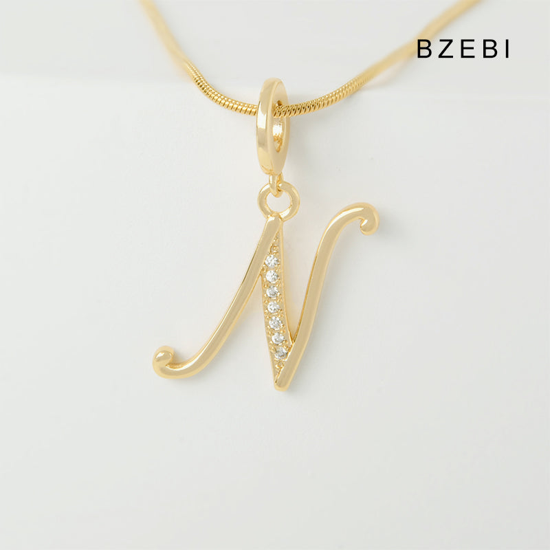 BZEBI 18K Gold Cubic Zirconia Letter N Pendant Necklace