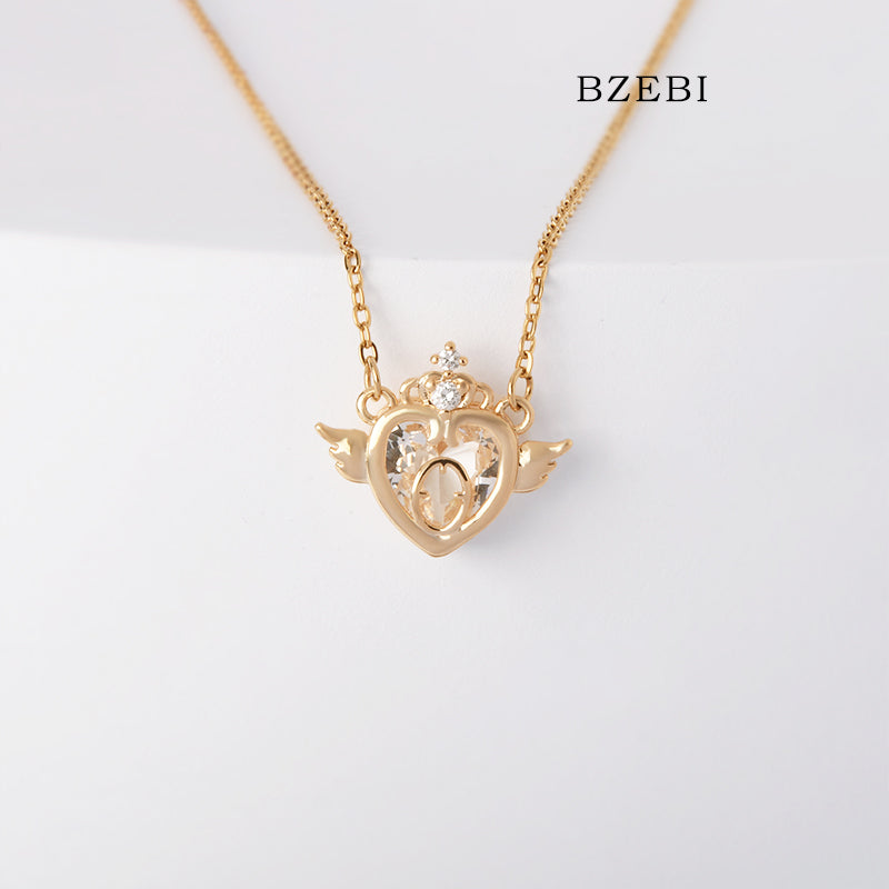 BZEBI 18k Gold Plated Cubic Zirconia Heart Staff Necklace for Women with Box