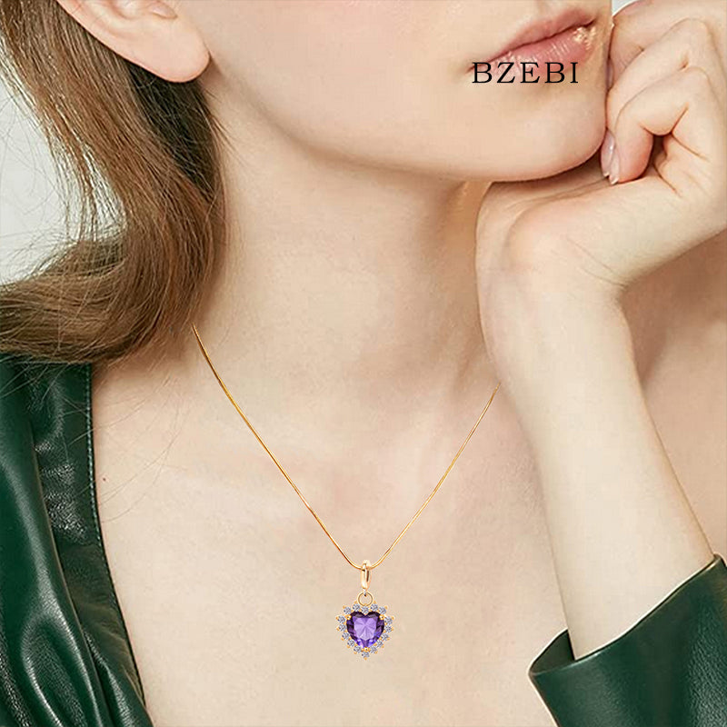 BZEBI 18K Gold Plated 5A Cubic Zirconia Heart Necklace(Purple)