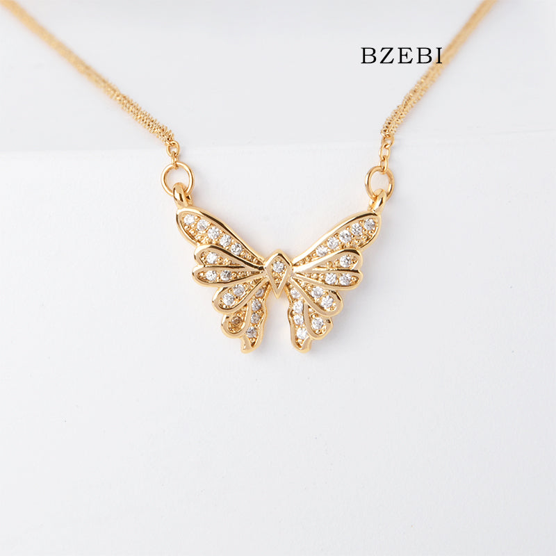 BZEBI 18k Gold Plated Cubic Zirconia Butterfly Necklace for Women with Box