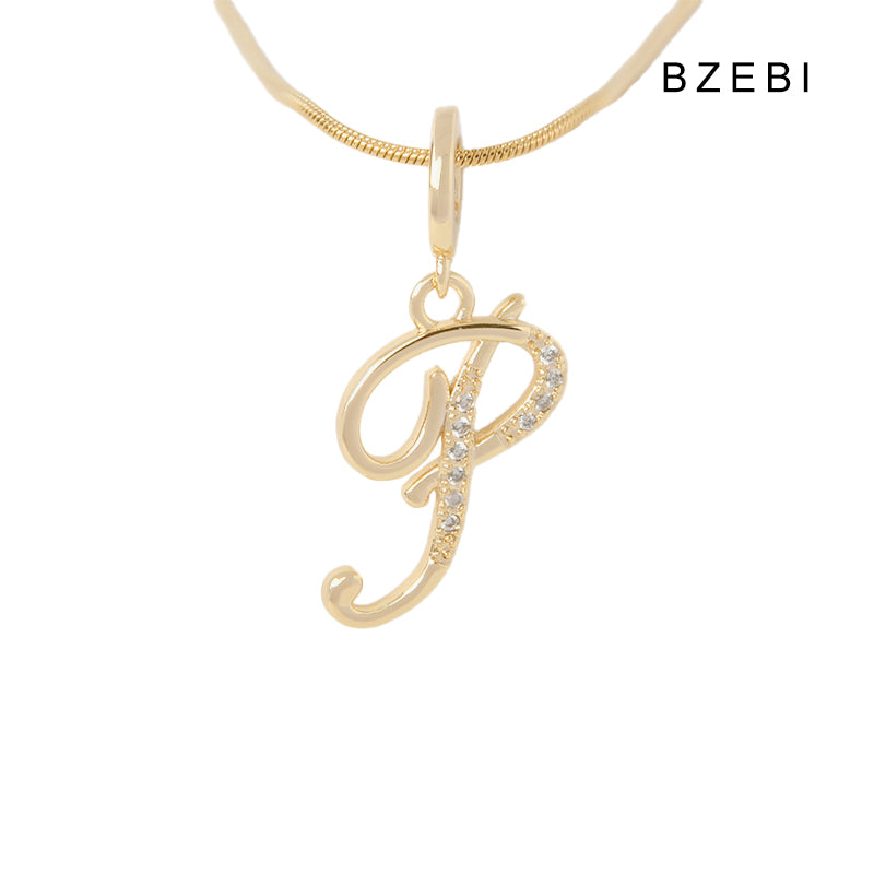 BZEBI 18K Gold Cubic Zirconia Letter P Pendant Necklace