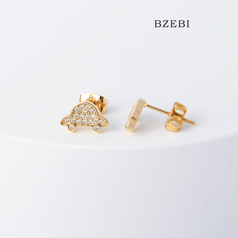 BZEBI 18k Gold Plated Cubic Zirconia Cartoon Car Stud Earrings for Women with Box