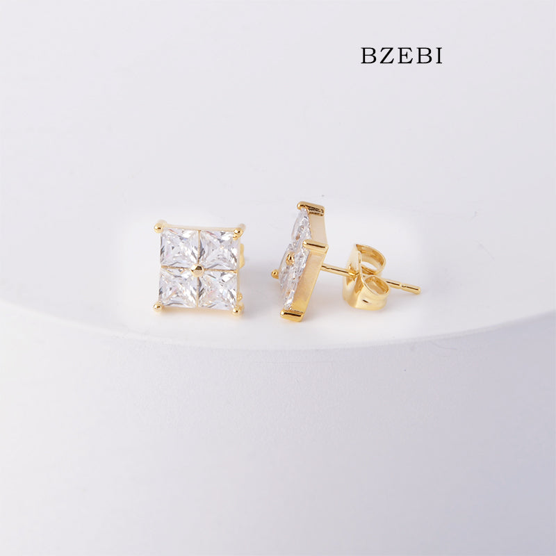 BZEBI 18k Gold Plated Cubic Zirconia Block Diamond Stud Earrings for Women with Box